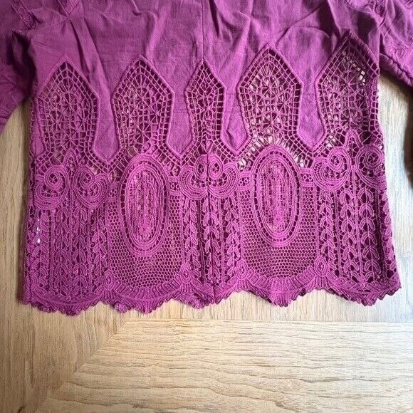 ANTHROPOLOGIE Chloe Oliver Fuscia Lace Cut Out Top Bell Sleeve Boho Blouse SMALL - Picture 9 of 15